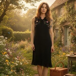 April Cornell Sz M Vintage Y2K Black Floral Embroidered Ruffle Midi Dress